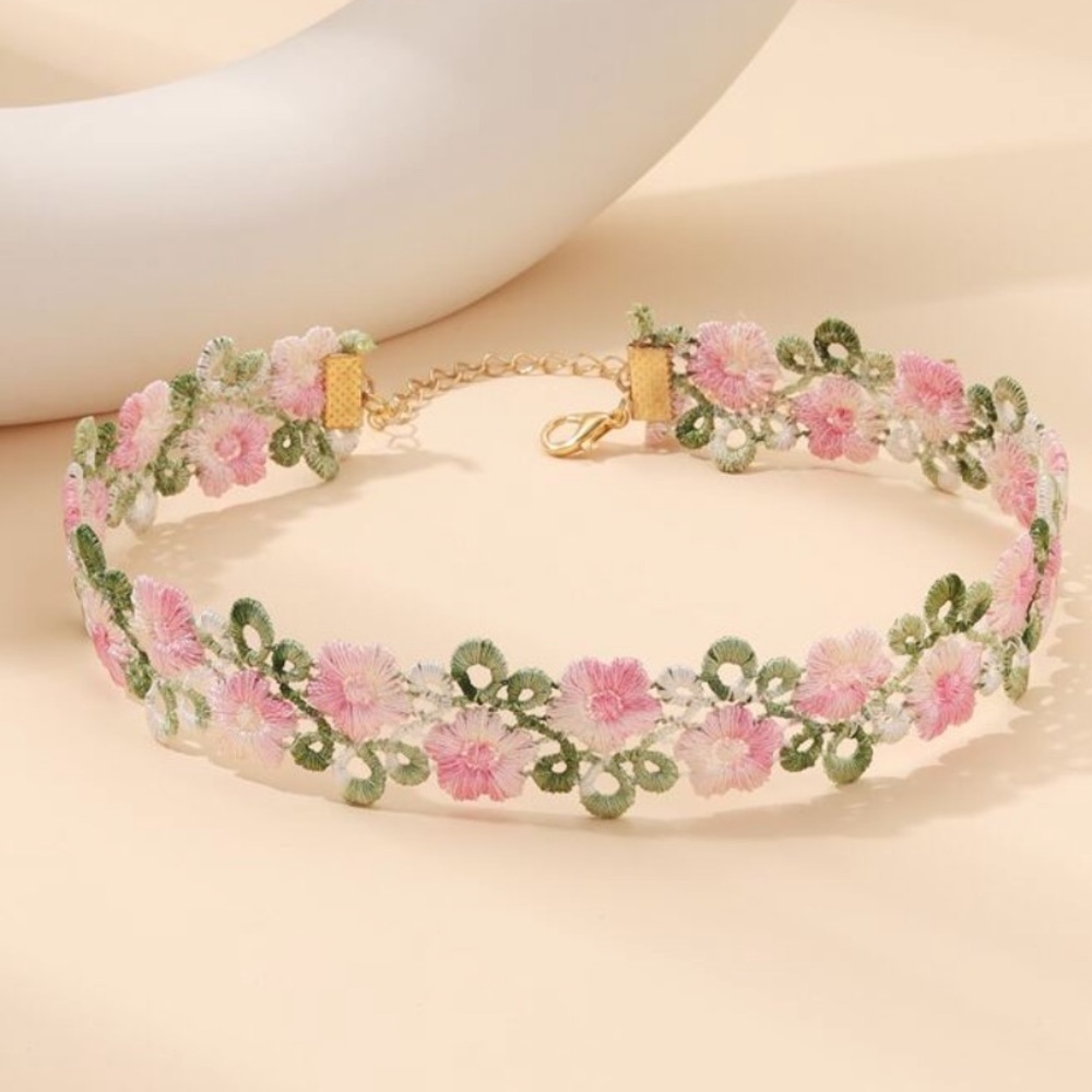 Pink & Green Floral Embroidered Choker Necklace